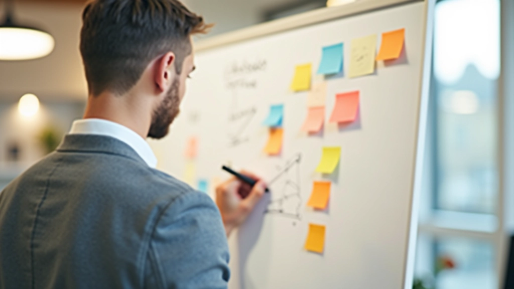 Whiteboard met schetsjes en Post-its in designstudio met designer aan het werk