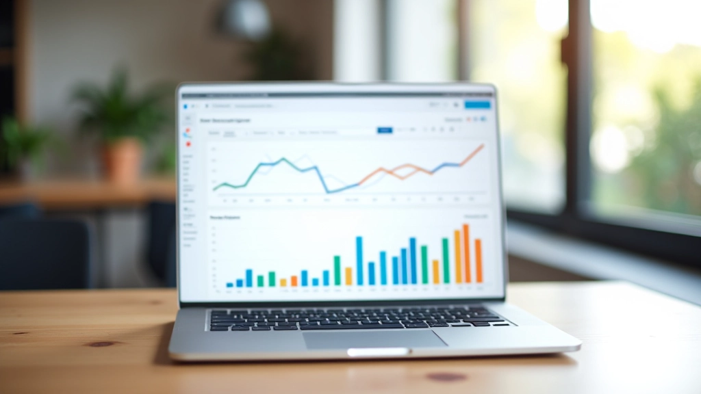 Laptop scherm met analytics dashboard op houten bureau in modern kantoor