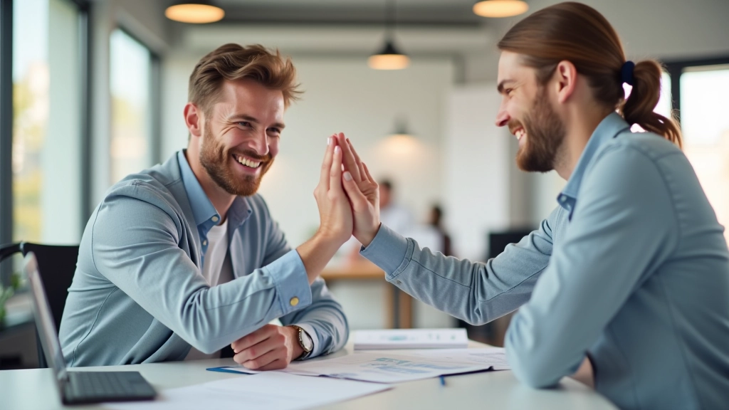 Succesvol team viert resultaten van een A/B test rond een computer