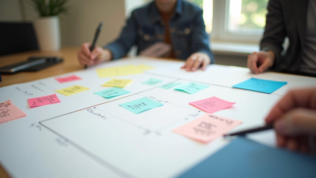 Persona onderzoeks werkbladen met stickers en notities op canvas tafel