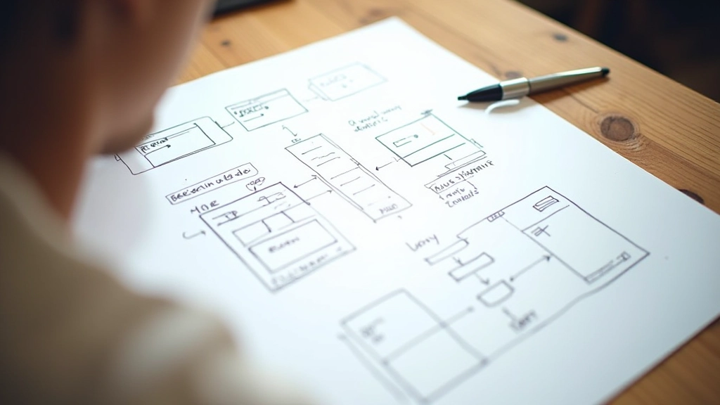 Whiteboard met gestileerde wireframe schetsen van website layout variaties met pijlen