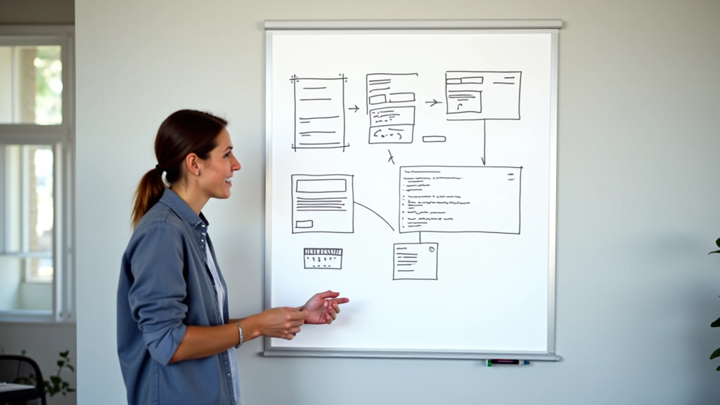 Whiteboard met handgetekende wireframes van twee verschillende pagina-layouts met annotaties